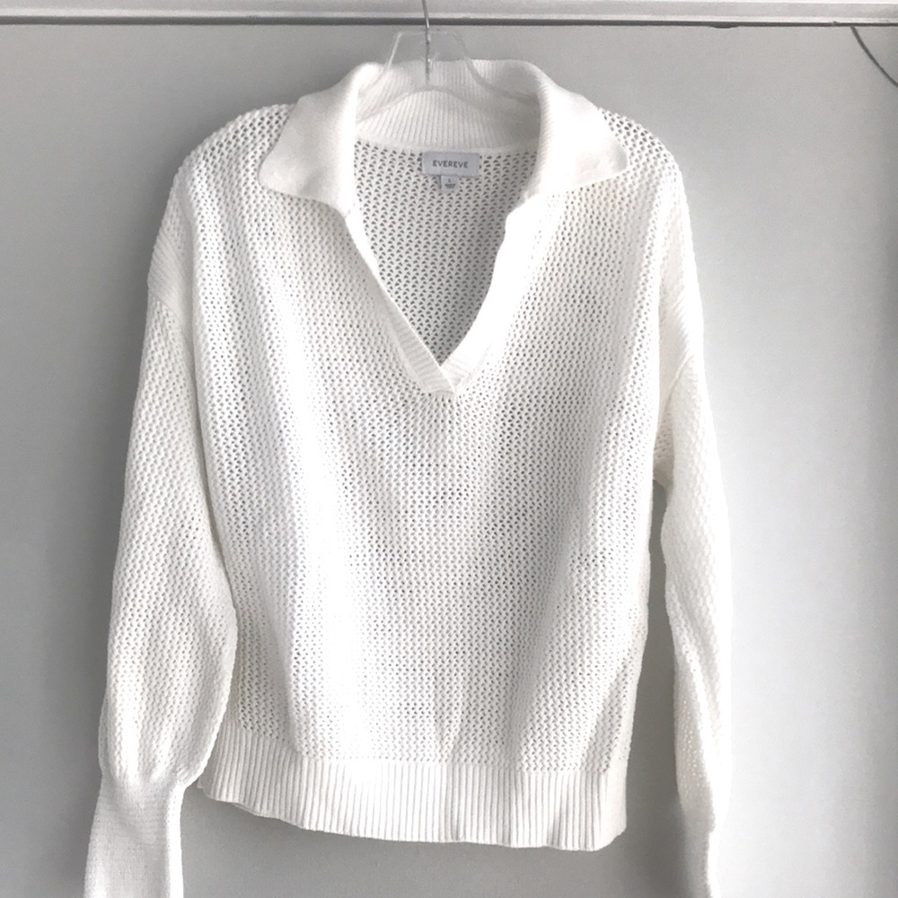 Evereve Cream Open-Knit V-Neck Sweater with Collar